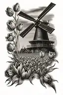 field of tulips in front of Dutch windmill  tattoo design idea