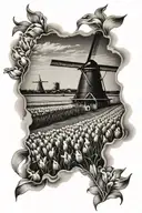 field of tulips in front of Dutch windmill  tattoo design idea
