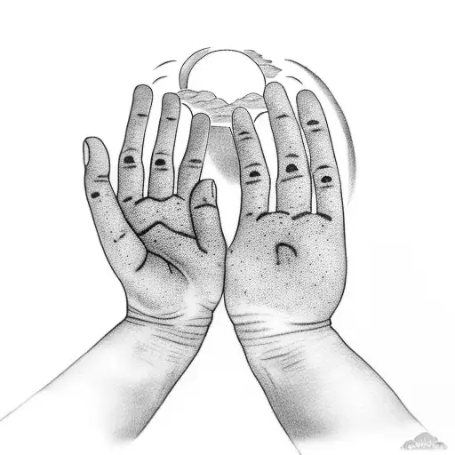 A dotwork tattoo of a child's hand reaching out to hold their parent's hand, with a cloud and sun in the background tattoo design idea