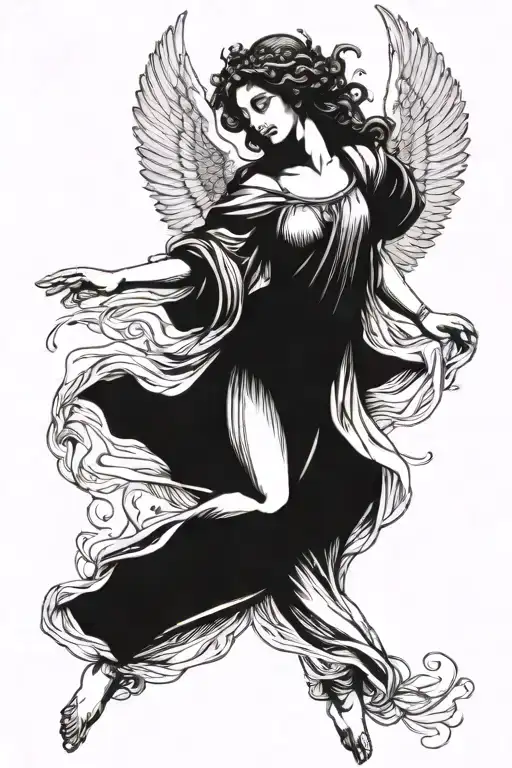 A delicate line drawing of a renaissance-inspired angel with wings outstretched tattoo design idea