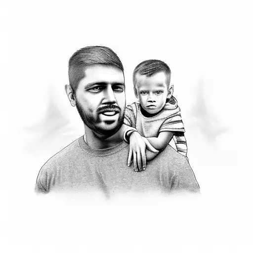 A detailed portrait of a father carrying his son on his shoulders, with a football stadium background  tattoo design idea