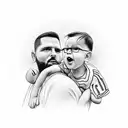A detailed portrait of a father carrying his son on his shoulders, with a football stadium background  tattoo design idea