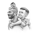 A detailed portrait of a father carrying his son on his shoulders, with a football stadium background  tattoo design idea