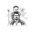 A detailed portrait of a father carrying his son on his shoulders, with a football stadium background  tattoo design idea