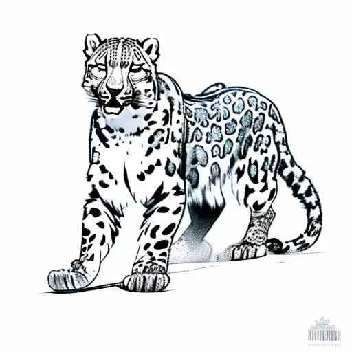 full body snow leopard walking in the snow tattoo design idea