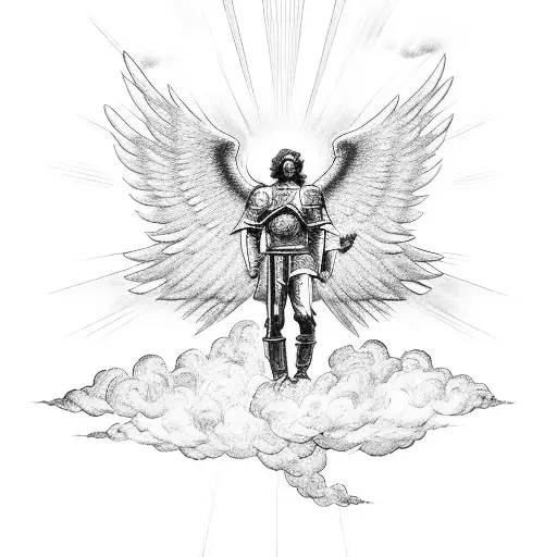 archangel michael in the clouds fighting with doves around him and sunlight tattoo design idea