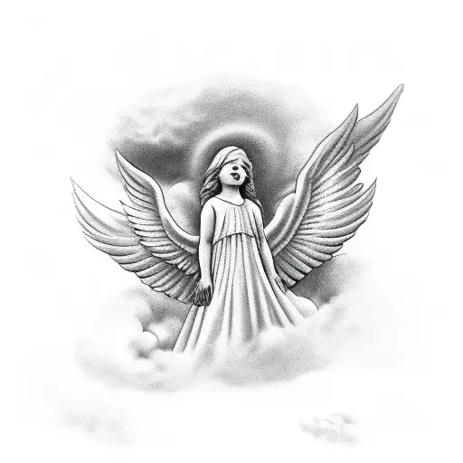 angel in the clouds with doves surrounding him and sunlight peeking through tattoo design idea