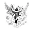 archangel michael in the clouds fighting with doves around him and sunlight tattoo design idea