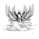 archangel michael in the clouds fighting with doves around him and sunlight tattoo design idea