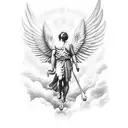 archangel michael in the clouds fighting with doves around him and sunlight tattoo design idea