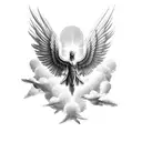 archangel michael in the clouds fighting with doves around him and sunlight tattoo design idea