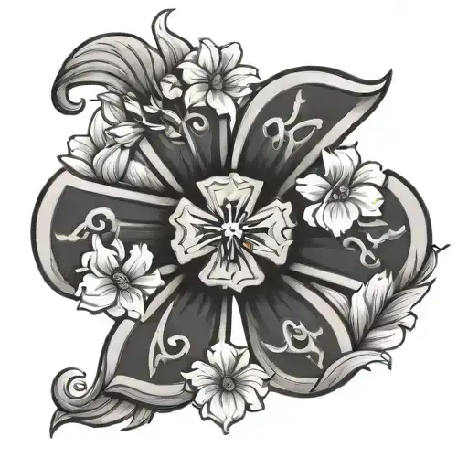 Cartoon Nut and Maltese Cross with Delicate Flowers tattoo design idea