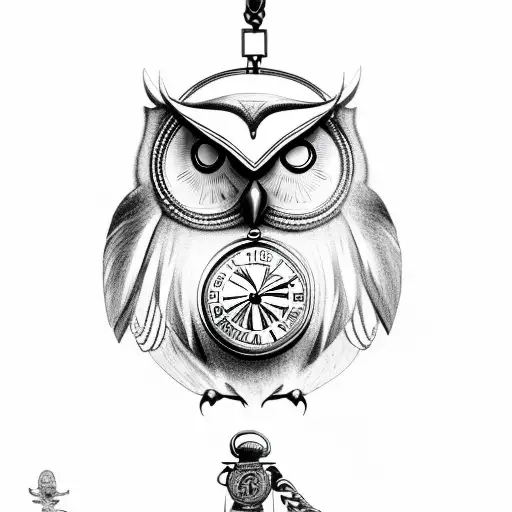 Norse flying Owl holding a pocket watch by the chain  tattoo design idea