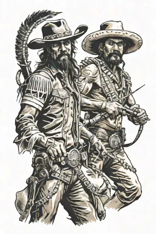 A bold tattoo of a western showdown between a cowboy and an Indian warrior, capturing the clash of cultures and histories tattoo design idea