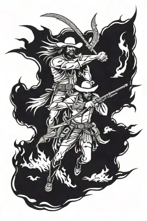 A bold tattoo of a western showdown between a cowboy and an Indian warrior, capturing the clash of cultures and histories tattoo design idea
