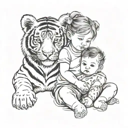 baby tiger with a girl sitting side by side. line tattoo  tattoo design idea