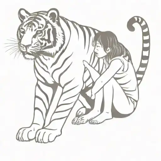 baby tiger standing with girl sitting tattoo design idea
