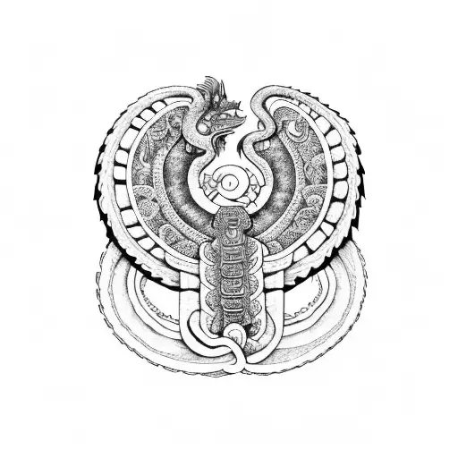 A Mayan mythological scene depicting Quetzalcoatl in dotwork style tattoo design idea