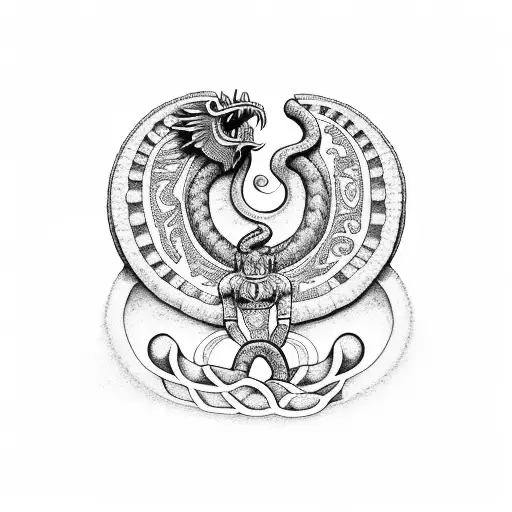 A Mayan mythological scene depicting Quetzalcoatl in dotwork style tattoo design idea