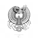 A Mayan mythological scene depicting Quetzalcoatl in dotwork style tattoo design idea