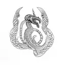 A Mayan mythological scene depicting Quetzalcoatl in dotwork style tattoo design idea