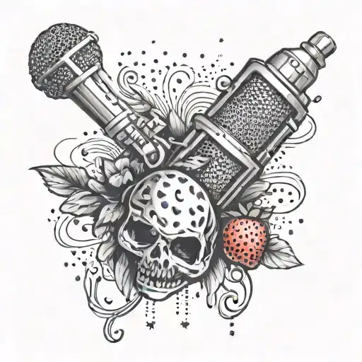 A creative tattoo design combining elements of a microphone, Dance Gavin Dance lyrics, and a strawberry in a cohesive composition tattoo design idea
