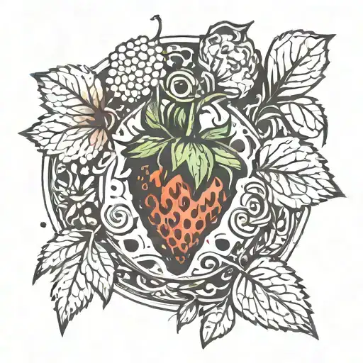 A tattoo design combining elements of Dance Gavin Dance's album artwork with a large, vibrant strawberry in the center tattoo design idea