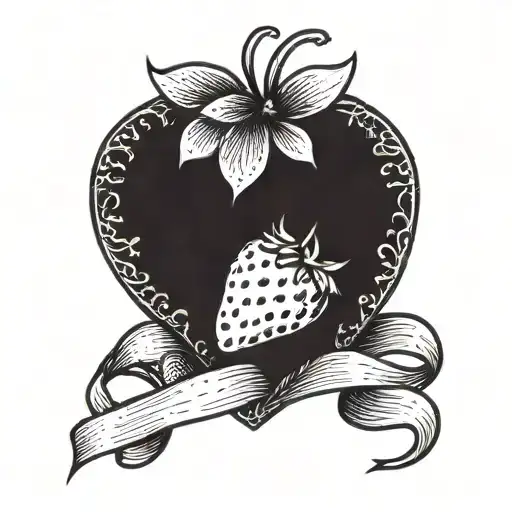 A heart-shaped strawberry with a heartbeat line wrapping around it like a ribbon tattoo design idea