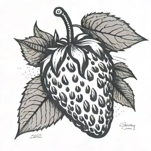 A minimalist tattoo of a strawberry with subtle Dance Gavin Dance lyrics incorporated into the design tattoo design idea