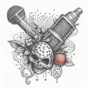 A creative tattoo design combining elements of a microphone, Dance Gavin Dance lyrics, and a strawberry in a cohesive composition tattoo design idea