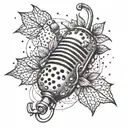 A creative tattoo design combining elements of a microphone, Dance Gavin Dance lyrics, and a strawberry in a cohesive composition tattoo design idea