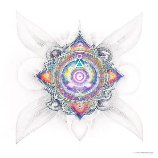 A cosmic tattoo featuring a pharmacist exploring the universe with magic mushrooms and chakras as symbols of enlightenment tattoo design idea