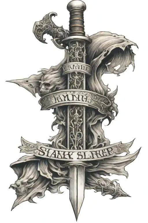 family written with a demon slayer sword going through it with Roman Numerals IX.IV.MMIV on the handle of the sword tattoo design idea