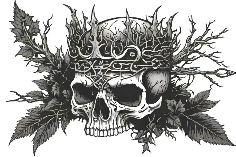 A blackwork tattoo of a skull wearing a crown of thorns, surrounded by a dense forest, reflecting the client's interest in heavy metal music and forests tattoo design idea