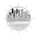 Chicago skyline with waterfront in circle tattoo design idea