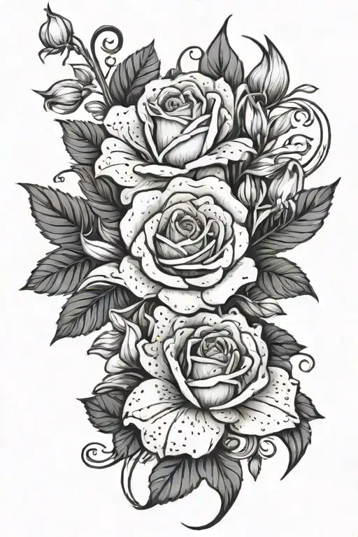 rose, lily of the valley, chrysanthemum, with vines tattoo design idea