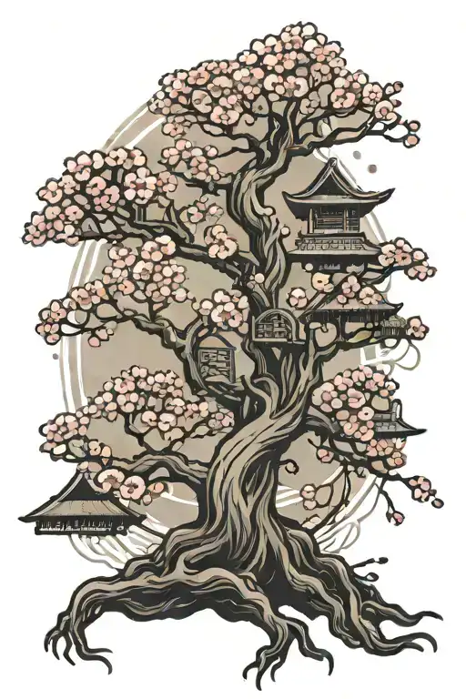half cybernetic cherry blossom tree intertwined tattoo design idea
