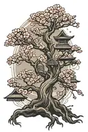 half cybernetic cherry blossom tree intertwined tattoo design idea