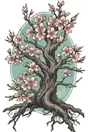 half cybernetic cherry blossom tree intertwined tattoo design idea