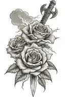 sword and thunder and lightning clouds with one single rose on top in the center tattoo design idea