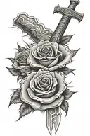 sword and thunder and lightning clouds with one single rose on top in the center tattoo design idea