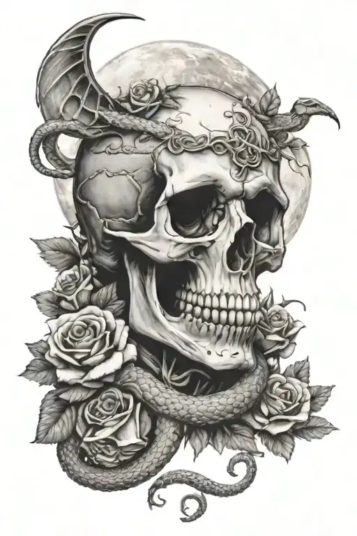skull, roses, snake, cemetery, moon merging together tattoo design idea