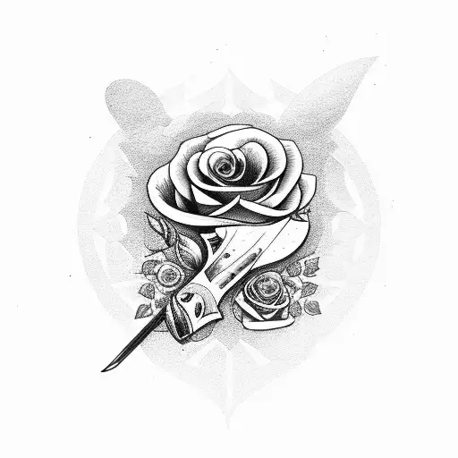hatchet with roses around handle tattoo design idea