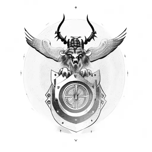 Taurus charging through a shield adorned with a cross, with a falcon flying overhead tattoo design idea