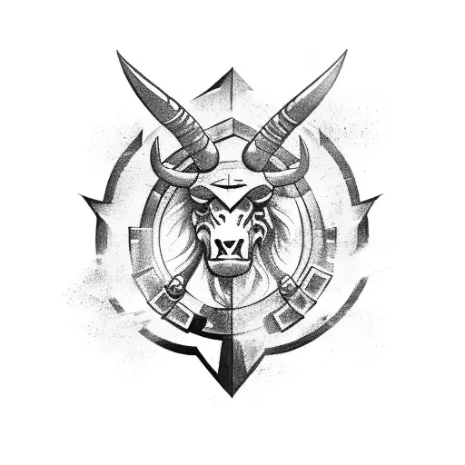 Taurus charging through a shield adorned with a cross, with a falcon flying overhead. along side a sword tattoo design idea