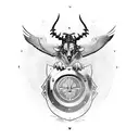 Taurus charging through a shield adorned with a cross, with a falcon flying overhead tattoo design idea