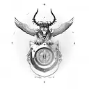 Taurus charging through a shield adorned with a cross, with a falcon flying overhead tattoo design idea