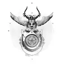 Taurus charging through a shield adorned with a cross, with a falcon flying overhead tattoo design idea