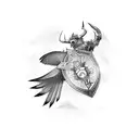 Taurus charging through a shield adorned with a cross, with a falcon flying overhead tattoo design idea