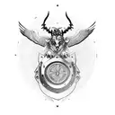 Taurus charging through a shield adorned with a cross, with a falcon flying overhead tattoo design idea